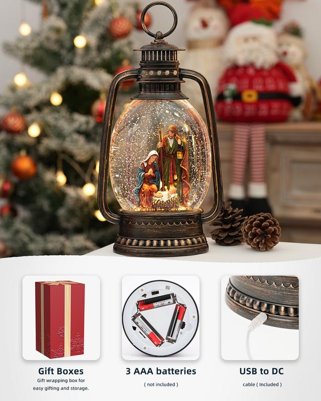 12.6 Inch Large Christmas Snow Globes, Nativity Snow Globe Christmas with Silent Night Music, Glittering Timer Snow Globe Lantern with Jesus for Christmas Decor(Jesus)