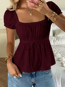 Summer Square Neck Puff Sleeve Tie Front Tee, Wine Red,Summer Top   95% Cotton