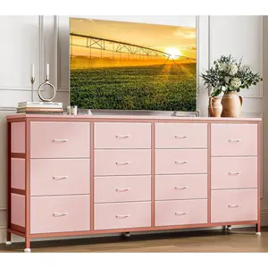 63" 14-Drawer Fabric Dresser with Power Outlet - for Bedroom & Living Room, Modern Storage Cabinet with USB Charging Station，Pink