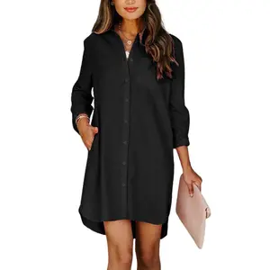 Chouyatou Women's Casual Loose Fit Long sleeve Solid Striped Button Down Shirts Dresses