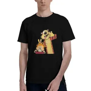 Calvin & Hobbes Men's Black Cotton T-shirt-100% Cotton, round Neck, Casual Version, Cartoon Print, Menswear Top Graphic Tshirt