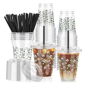 20/50 Sets Soccer Party Cups with Lids and Straws - Reusable Plastic Cups for Soccer Game Viewing Parties, Birthdays, and Team Celebrations, Reusable Plastic Cups for Soccer Matches, Football