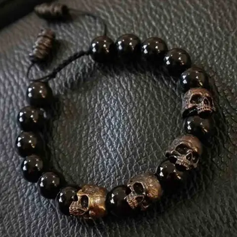 Vintage Gothic Skull Beaded Stretch Adjustable Bracelet, Trendy Punk Men's Party Street Style Personalized Wrist Bracelet Fashion Jewelry Bead Bracelets