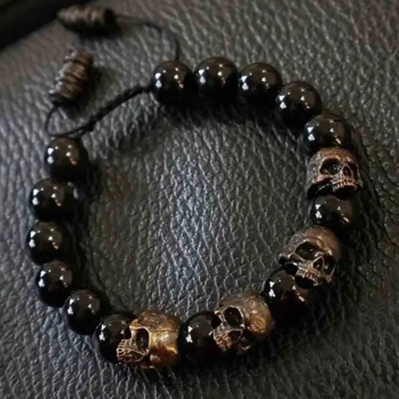 Vintage Gothic Skull Beaded Stretch Adjustable Bracelet, Trendy Punk Men's Party Street Style Personalized Wrist Bracelet Fashion Jewelry Bead Bracelets