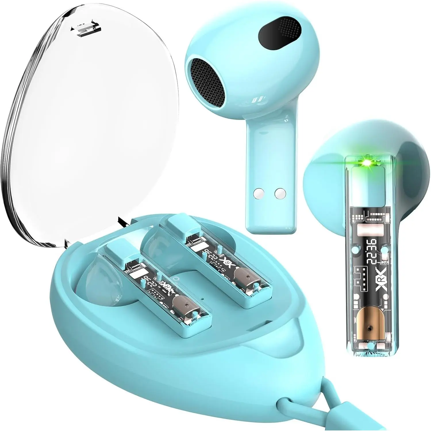 True  with Transparent Case and Neck Lanyard,  5.4 Headphones with Touch Control, Water Resistant, 2 Mics for Clear Calls and Super Shine Blue