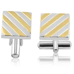 Men's Stainless Steel And Gold Striped Rectangle Polished 14mm Cufflink