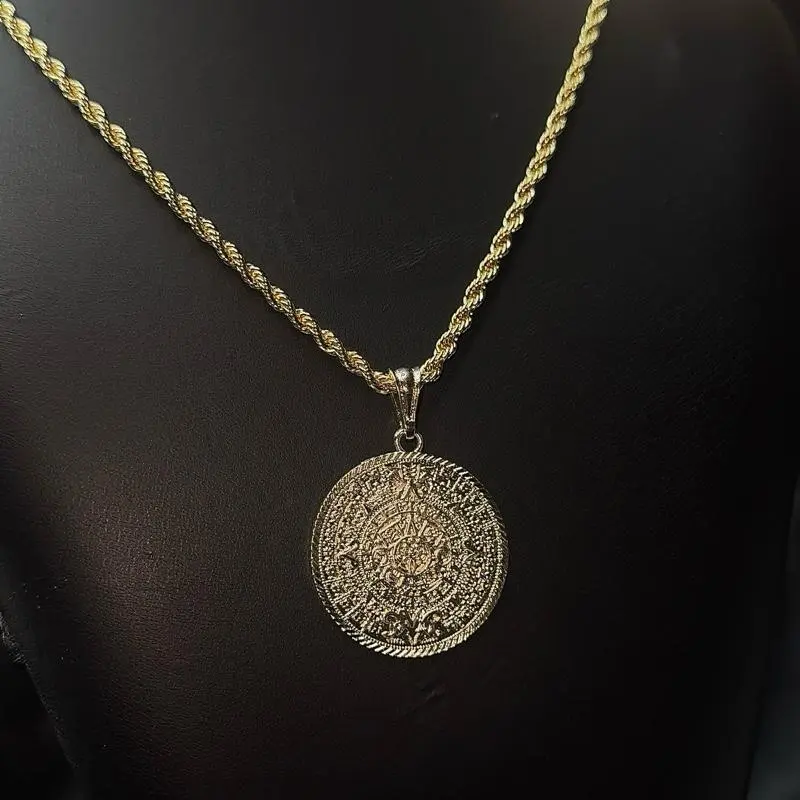 Aztec Calendar Pendant Necklace for Women, Elegant Handmade Statement Piece with 24-inch Rope Chain for Casual Daily Wear, Accessories, Durable, Fashionable, Female, Spiritual Jewelry