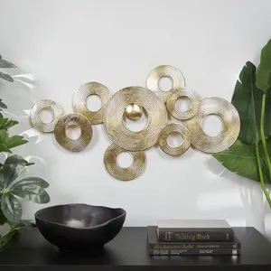 Geometric Gold Metal Stacked Circle Ring Home Wall Decor with Groove Texture