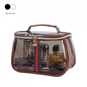 【Brown】New Retro Vintage Vanity Bag, Large Capacity Toiletry Bag for Travel, Clear Cosmetic Makeup Organizer for Ladies, Portable Waterproof Transparent Zippered Skincare Storage Case
