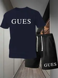 Short sleeve shirt and shorts 'Guess what' letter pattern print, new seasonal trendy lightweight T-shirt and shorts set, men's clothing.