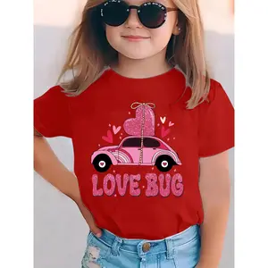 [Valentine's Day|LOVE BUG] Valentine's Day "LOVE BUG" Girls' Short Sleeve T-Shirt | Summer Fashion Cartoon Heart Double-Sided Print Casual Top