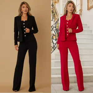 THREE PIECE STUNNING SET - WORK CASUAL EVERYDAY VIBE - CLASSY TOP DETAIL - BLAZER JACKET - SOLID FLARE PANTS - STRAPLESS TOP INSIDE