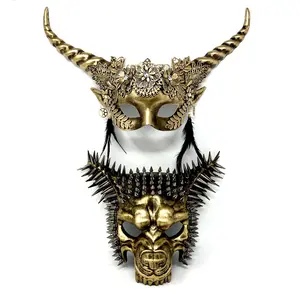 Steampunk Couples Masquerade Masks, Men Women Devil Demon Goat Horn Costume Halloween Party Mask