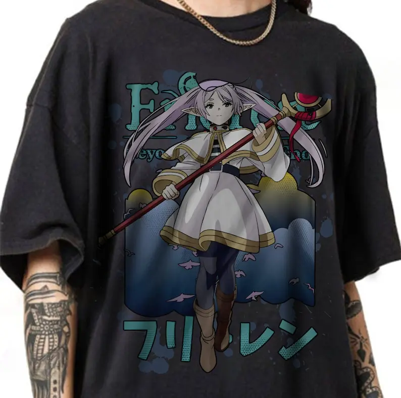 Frieren Vintage Apparel, Graphic Anime Tee, Aesthetic Japan Art