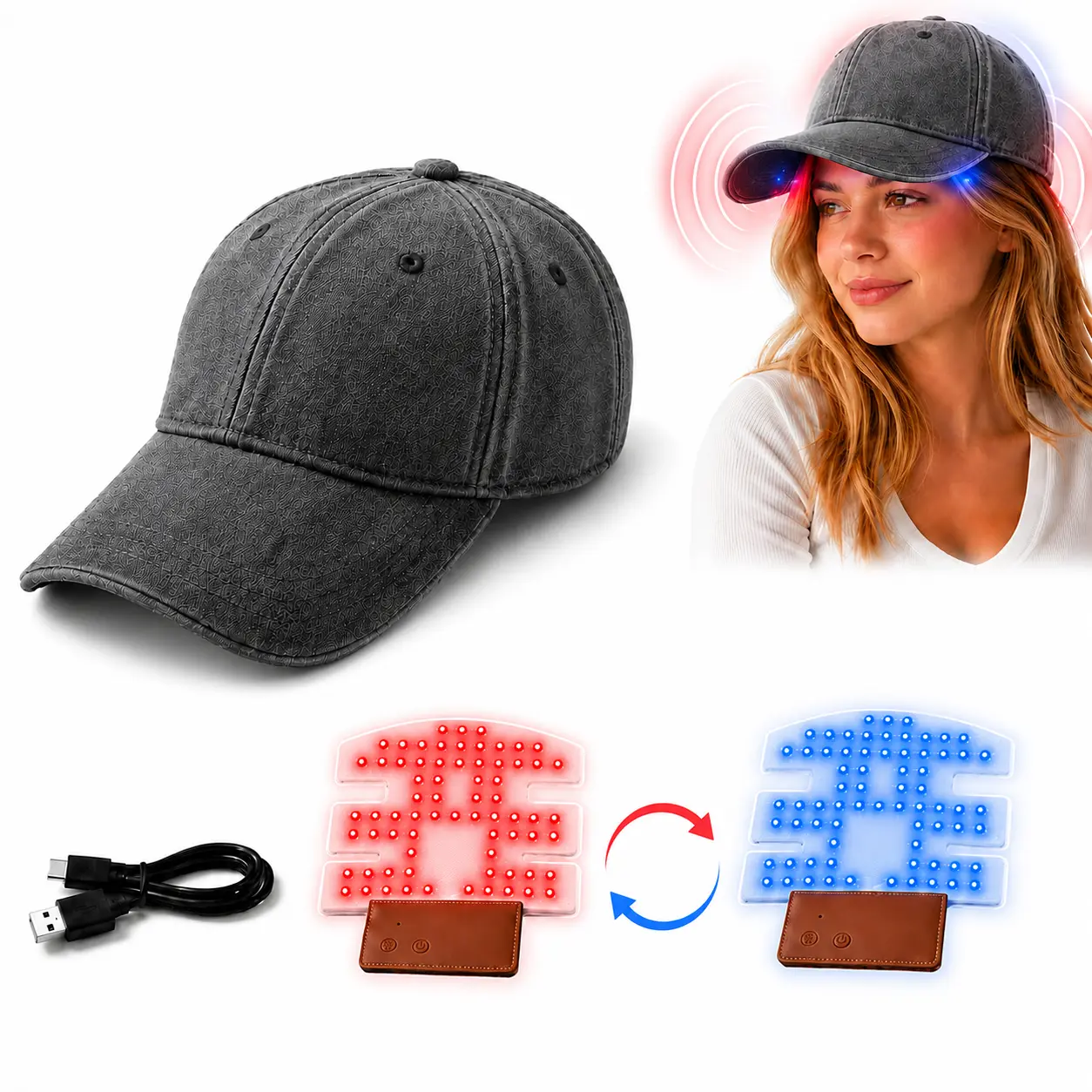 Multifunctional Massage Cap, Red and Blue Light Hair Regrowth Cap, equipped with 850nm infrared light technology to promote hair health and growth—a convenient hair care solution