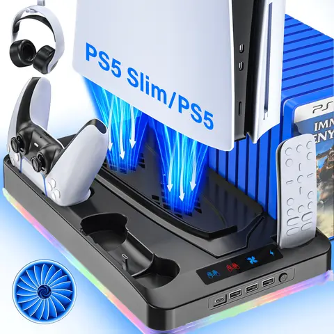 ZRZLMVP PS5 Vertical Cooling Stand with Dual Controller Charging Dock, USB Port, Electronic Connection - Compatible with PS5 Slim & Standard Consoles, Gaming Cooling Fan Accessory