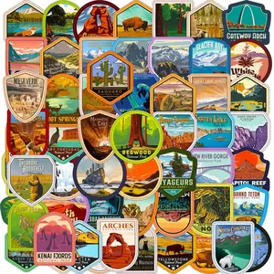 63pcs US National Park Travel Waterproof Stickers - Decorative Nature Ornaments Set for Laptops & Water Bottles - Made in USA Decorative Nature Outdoors Decor