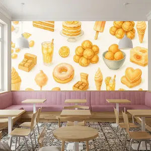 Orange Dessert Watercolor Wallpaper – Seamless Pattern of Macarons, Cupcakes, Cakes and Sweets for Bakery Kitchen Decor, Peel & Stick Mural