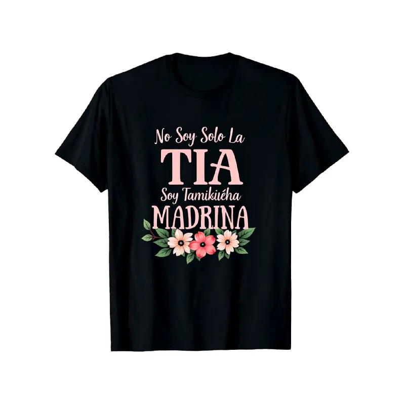 Women's Vintage Spanish "No Soy Solo La Tuda Soy La Madrina" Graphic Tee - Black, Pink Lettering, Floral Print, Breathable Short-Sleeve Crewneck Fitted Casual Tshirt for Family Parties, Godmother Gifts, All-Season Comfort