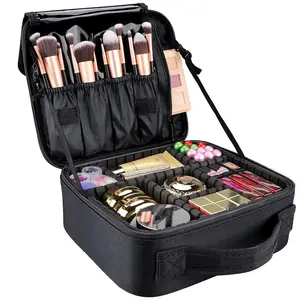 Portable 10.4-Inch Travel Makeup Bag – Adjustable Divider Cosmetic Train Case for Makeup, Toiletries, Jewelry & Digital Accessories (Black)
