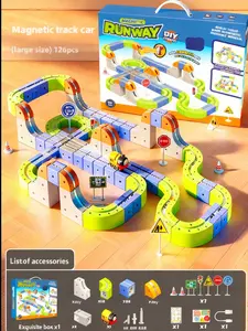 Parent-child interactive toys Magnetic Tiles Road Set Race Track with 1 Car 101-Piece Elastic Racing Set Steam Sign Electric Train Traffic Signs Magnetic Train Connection Toys for 3-8 Year Olds Boys Girls Birthday Gift Large Size