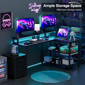 GTPLAYER L Shaped Gaming Desk,68 Inch Office Desk with File Drawers & 2-Tier Storage Shelves,Large Reversible Corner Desks Writing Study Workstation with Power Outlets & LED Lights