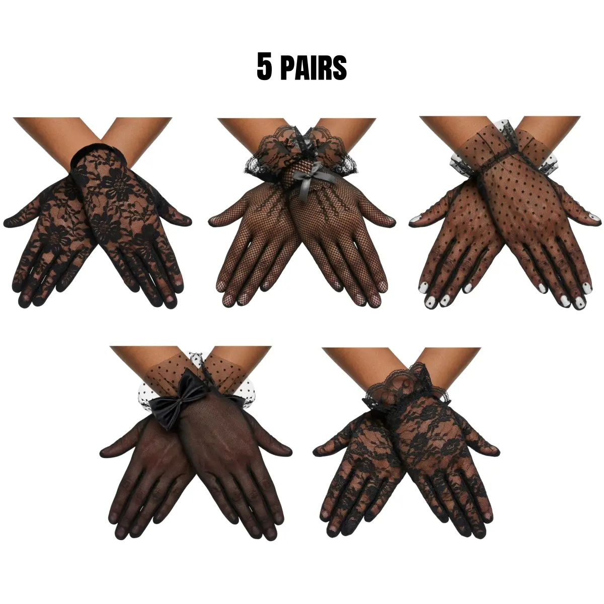 Women's 5-Pair Lace Gloves Set, Silky Sheer Mesh Floral Gloves with Elasticity, Patterns, Stretchy Snug Fit & Wrist-Long Elegance for Tea Party, Wedding, Gothic Novelty Costume Accessories