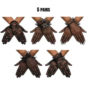 Women's Lace Gloves Set 5 Pairs, Vintage Sheer Mesh Floral Wrist Gloves for Tea Party, Wedding, Church, Funeral, Gothic Novelty Costume Accessories