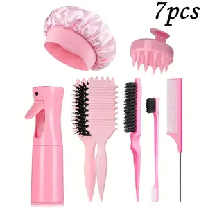 Hair Care Kit Rolling Candy Brush with Rat Tail Edge Control Comb Spray Bottle Soft Satin Sleeping Cap Styling Tools