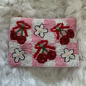 Handmade Coin Beaded Purse with Cherry and Flower Design Pink and White Beaded Wallet