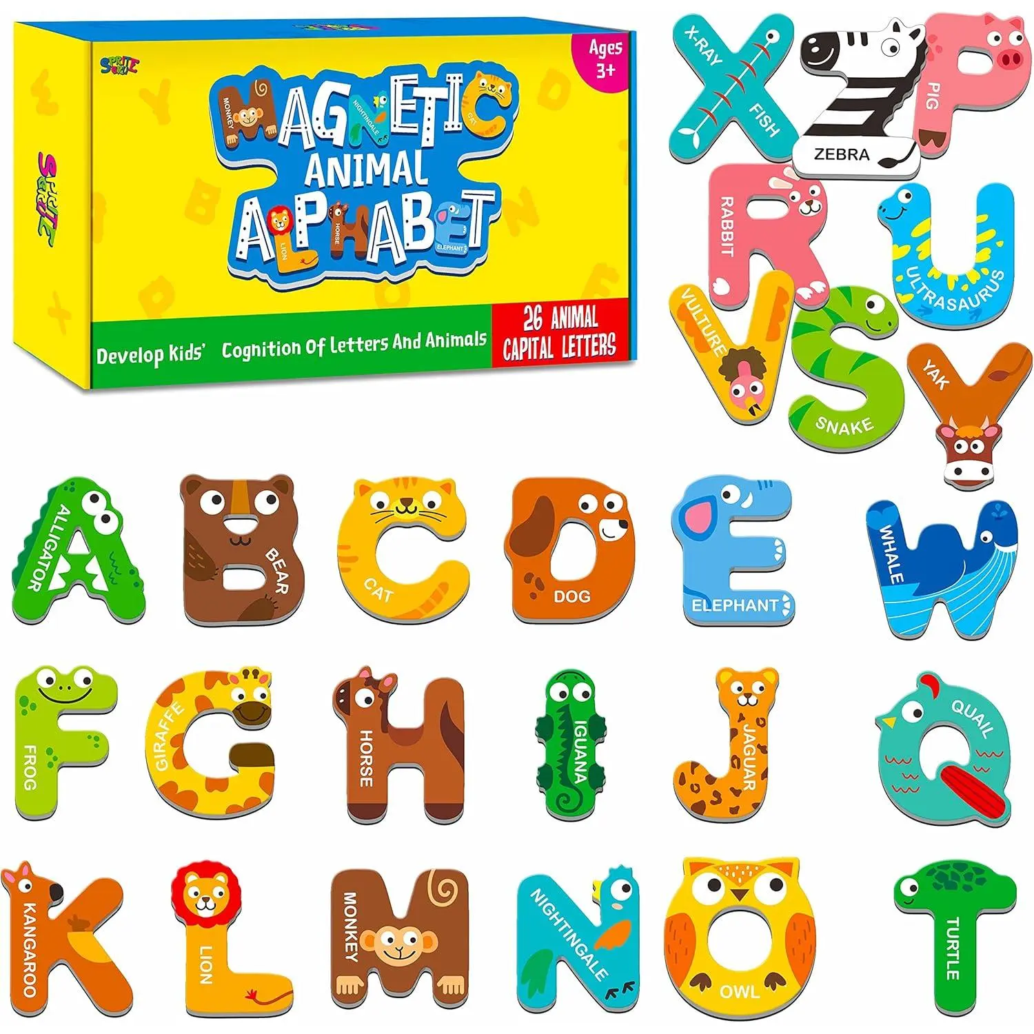 26 Magnetic Animal-Shaped Alphabet ABC Fridge Magnets, Large-Size Colorful Uppercase Educational Toys Set for Spelling Learning Games, Kids Toddlers 3-5 Years Old, Animals, 26 Magnetic Alphabet Of Animals
