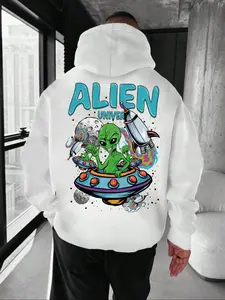 Men's Cartoon Alien & Letter Print Drop Shoulder Hoodie, Fashion Casual Regular Fit Drawstring Pocket Hooded Sweatshirt for Daily Holiday Outdoor Wear, Men Clothes for Fall & Winter