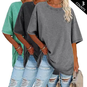 3-Pack 230 g Vintage Washed 100% Cotton T-Shirts – Basic Style, Women’s Casual Crew Neck Summer Tops, Loose Fit, Soft Feel, Breathable Fabric