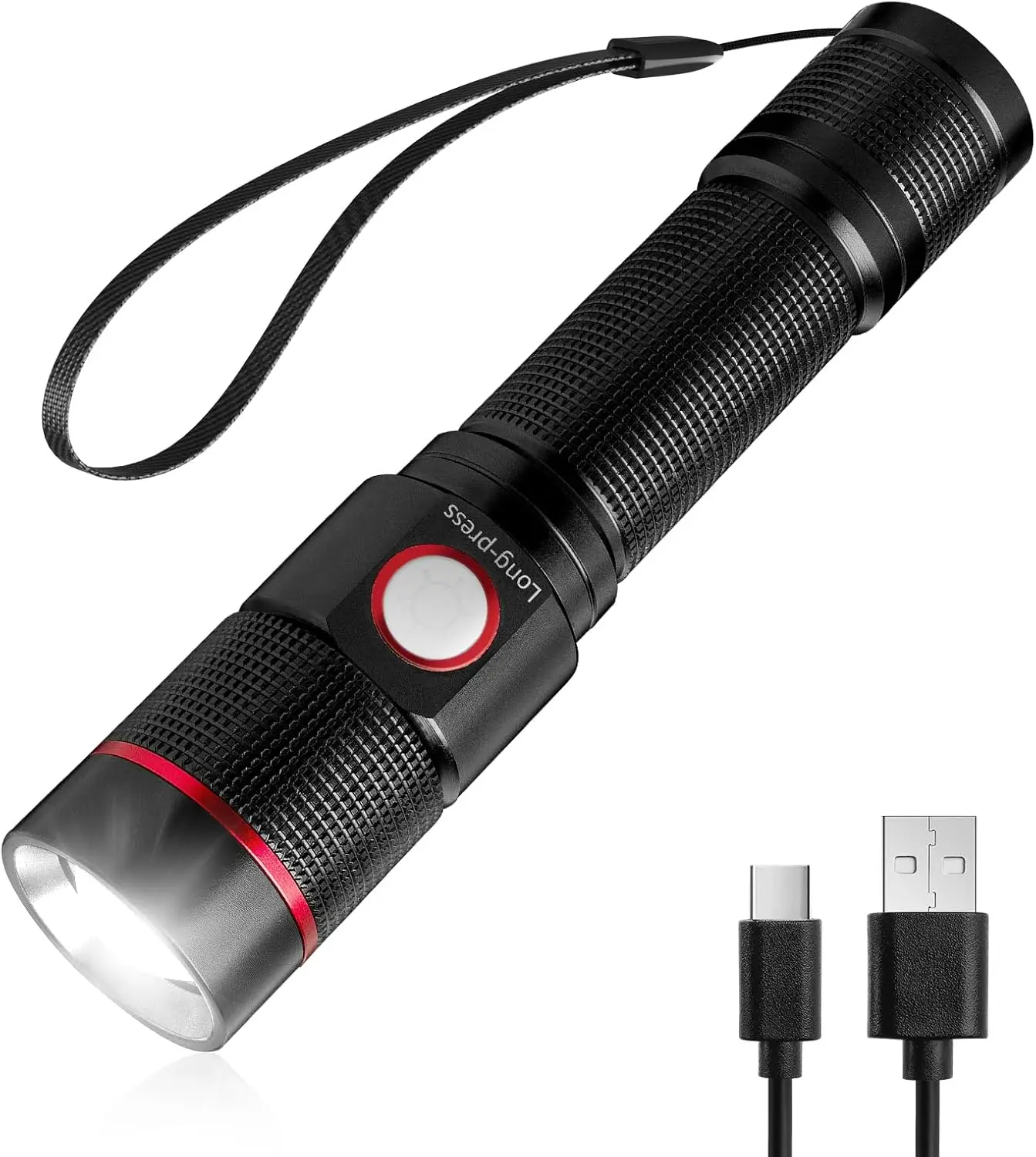 LED Flashlight Rechargeable, 3W 7500K, 5V Input, with Type-A to Type-C Cable, IPX4 Waterproof, Zoomable, 5 Lighting Modes, 150LM
