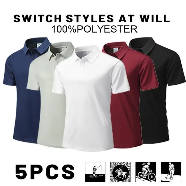 5-Pack Men’s Quick-Dry Polo Shirts – Short-Sleeve Collared Golf Tees, Breathable Casual Tops for Fishing & Cycling