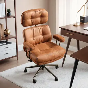 Mid-Century Modern Leather Chair with Lumbar Support, Big and Tall Office Chair , High Back Extra Wide Ergonomic Office Chair Comfortable for Home Office, Computer Desk Chair with Adjustable Lumbar Support