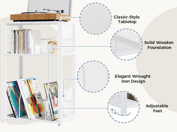 Record Player Stand, 3-Tier Side Table, Vinyl Record Storage Albums, End Table for Living Room, Bedroom