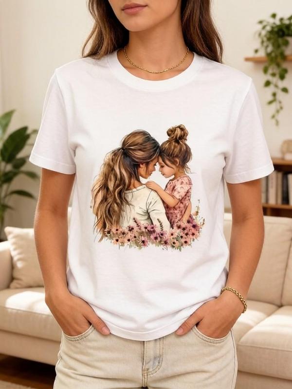 Women's Vintage Soft Casual Cotton Floral Print Crew Neck Oversized Short-Sleeve Tee - Style-Focused Breathable Tshirt for Mother-Daughter Matching