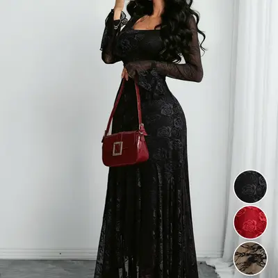 chinese dress ladies Black Velvet Lace Maxi Dress  self-portrait-US