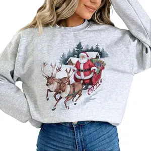 Retro Santa & Reindeer Christmas Winter Cabin Sweatshirt - 90s Santa Claus Sleigh Snowy Forest Outfit - Boho Unisex Crewneck Sweatshirt