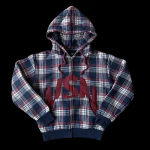 American retro street plaid patch embroidered hooded sweatshirt with loose casual zipper cardigan