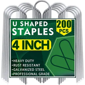 200 Pack Garden Stakes 4 Inch U-Shaped Drip Irrigation Stakes Galvanized Landscape Staples Garden Pins Yard Lawn Ground Stakes for Soaker Hose Drip Line Tubing Landscape Fabric Weed Barrier