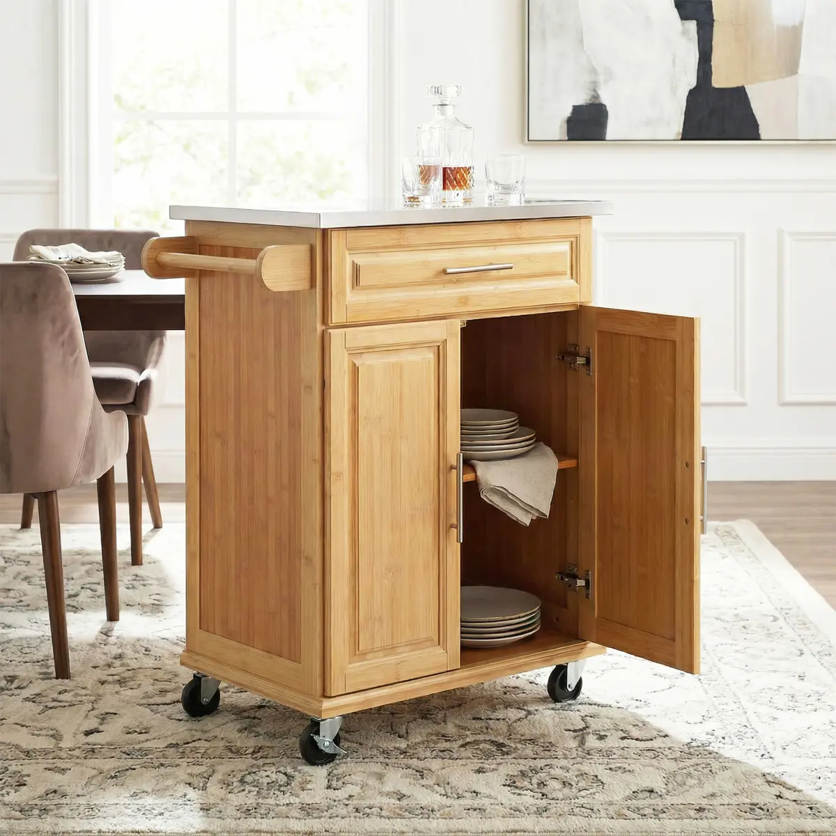Eco-Friendly Bamboo Wood Kitchen Rolling Cart with Stainless Steel Top - 29.13x18.50x35.63in, 46.74 lbs, Locking Roller Wheels, Adjustable Storage Island with Drawer & Cabinet, Wipe Clean, for Small Spaces Dining Room Coffee Bar, Assembly Required