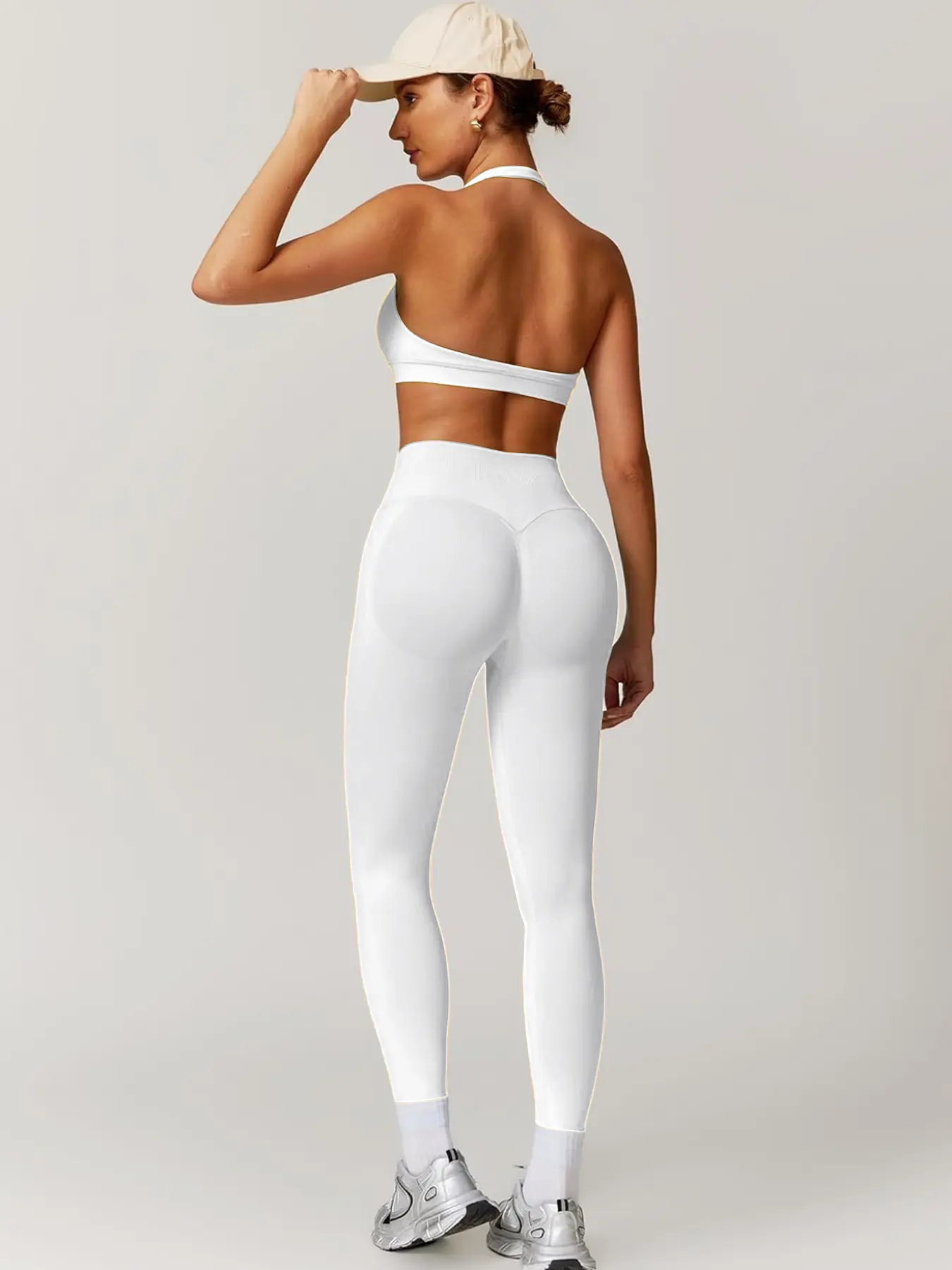 Women's white, seamless, fitness yoga gym suit, sexy leaking back sports  bra and high-waisted leggings