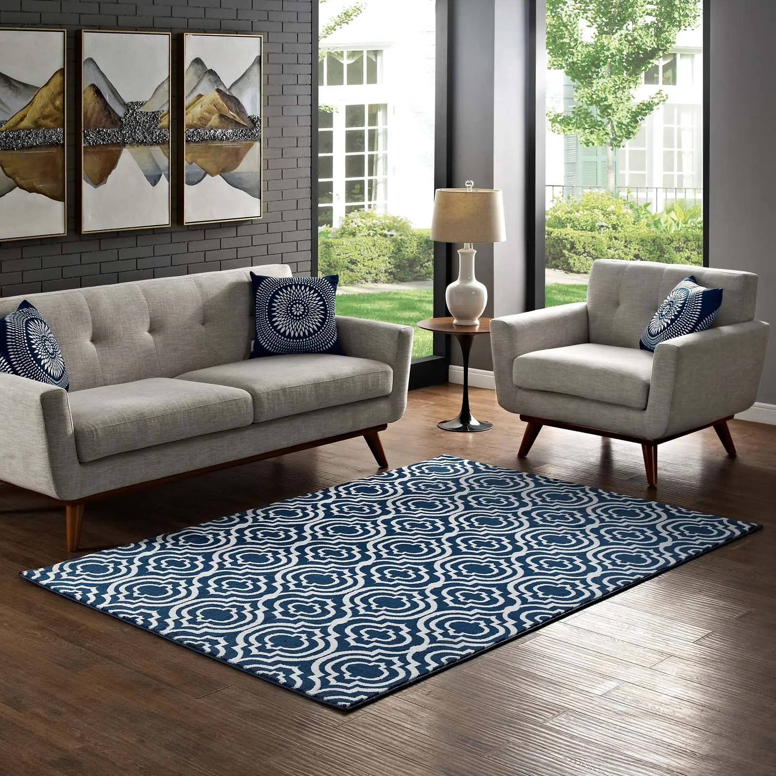 Modway Frame Transitional Moroccan Trellis 8x10 Area Rug in Moroccan Blue and Ivory, Home Decorative Rug, Pattern Rug