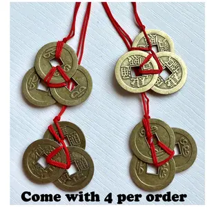 (SET OF 4 ) LUCKY COINS WEALTH CHARMS Feng shui Wealth coins with red string + Chinese writing for success & Wealth ! Hang them in car + house +wallet +office now For GOOD FORTUNE