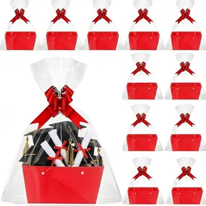 Colarr 12 Pack Baskets for Gifts Empty Bulk Kraft Empty Gift Basket Kit with Handle Wrap Bag Bow DIY Cardboard Market Tray to Fill for Graduation Father's Day Wedding, 9.8" x 6.5" x 4.3"(Red)