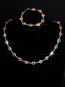 Women's 18k Gold-Plated Zircon Gemstones Heart Necklace & Bracelet Set, Elegant Copper Chain Design, Perfect for Daily Wear, Stylish Accessory, Affordable