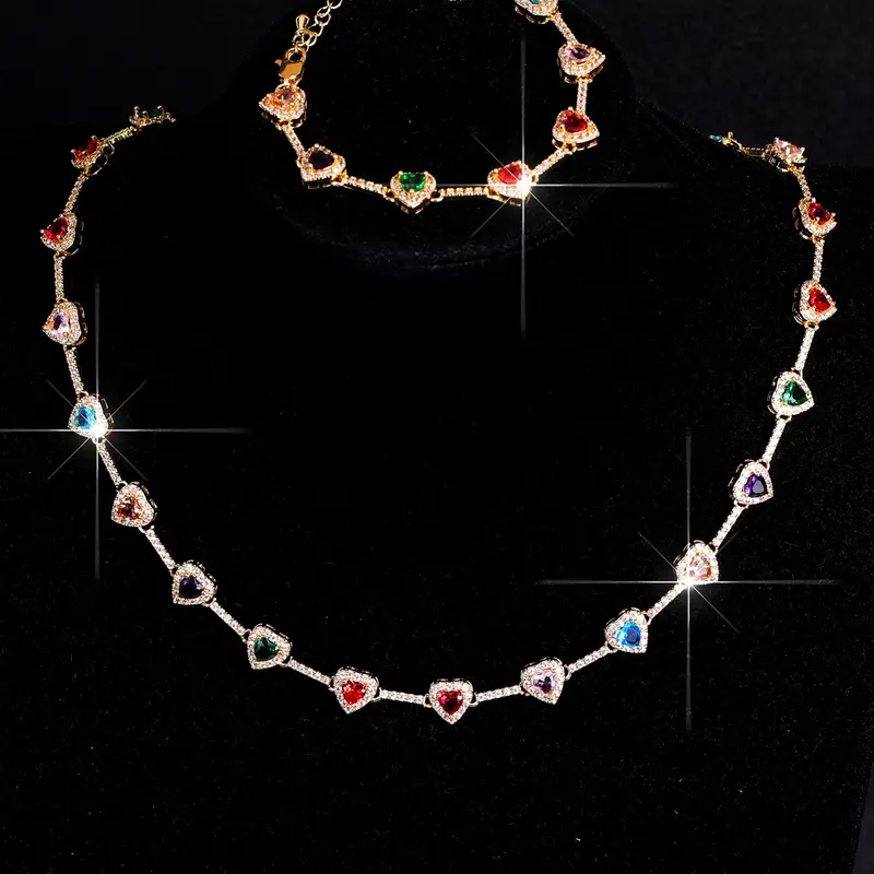 Women's 18k Gold-Plated Zircon Heart Shape Design Necklace & Bracelet Set, Elegant Jewelry Sets, Copper Material, Perfect for Daily Wear, Stylish Accessory