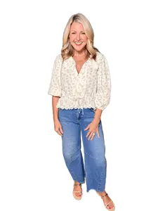 3/4 Puff Sleeve Lace Trim Floral Blouse
